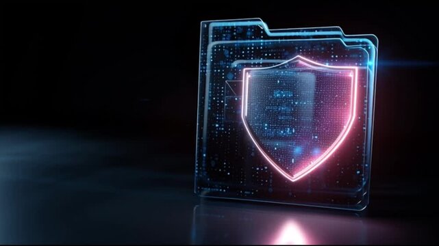 Intellectual property. Copyright. Innovation digital rights. Brand protection law. A digital folder with a shield symbol representing data protection.