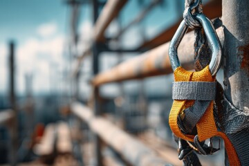 Close-up of a safety harness attached to scaffolding on a construction site. Use this image to showcase safety and construction industry concepts.