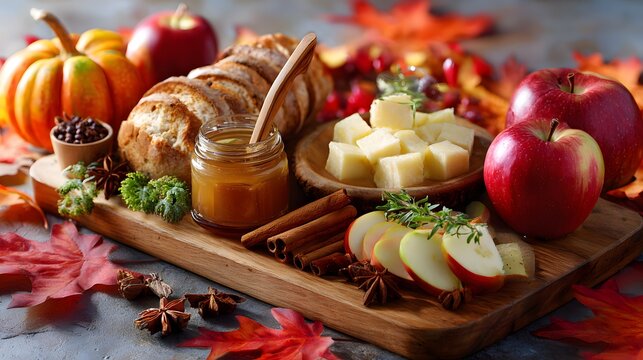 Autumn harvest cheese and bread platter with apples, pumpkin, and spices on wooden board