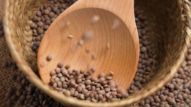 Dry brown lentils falling into rustic bowl with wooden spoon on sack cloth in slow motion