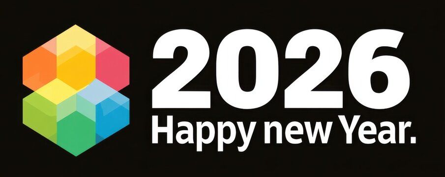 2026 Happy New Year with a Colorful Geometric Hexagon Logo and Bold Typography
