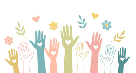 Raised hands of volunteer people holding a heart. People diversity. Charitable and donation. Support and assistance. Multicultural community. NGO. Aid. Help. Volunteerism.Teamwork. Banner