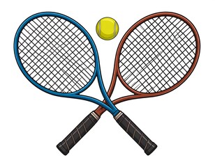 Two crossed tennis rackets with a tennis ball