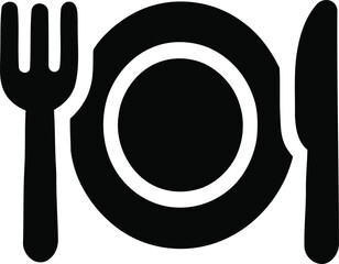 This graphic features a minimalist design of a plate, fork, and knife, symbolizing dining and culinary experiences. The black silhouette style represents elegance and simplicity, making it suitable fo