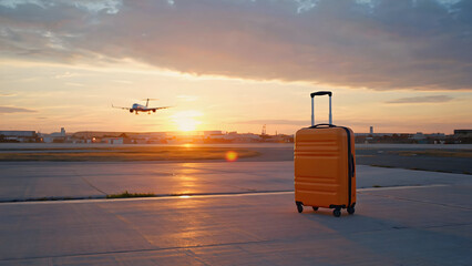 Orange hard-shell suitcase standing alone on a tarmac near a landing aircraft, solitude concept.