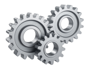 Stacked Silver Gear System Icon, Asymmetrical Angle, high-detail plastic render, minimal, isolated PNG