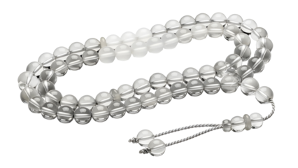Clear crystal prayer beads (Tasbih or Rosary) isolated on white background for religious concepts