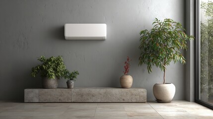 Minimalist room with AC, bench, and plants, gray textured wall background. Perfect for articles about interior design, modern living, and home improvements.
