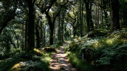 Fototapeta premium Sunlight filters through a canopy of tall green trees onto a dirt path, casting dappled light and shadows across the lush undergrowth.