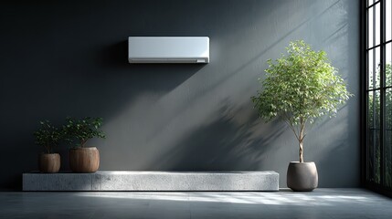 Modern room with gray wall, plants, air conditioner, and natural light. Perfect for designs featuring minimalist home decor and HVAC systems.