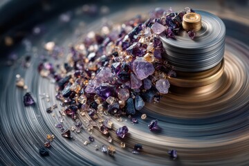Pile of raw amethyst crystals on metal with spiral pattern backdrop. Use for geology, gemology, jewelry, or mineral resources concepts.