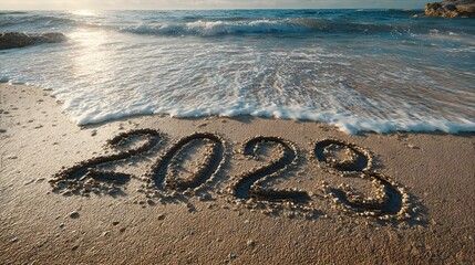 Happy new year 2023 written on beach
