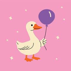 Cute cartoon duck holding a purple balloon