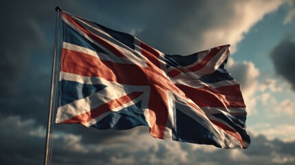 A detailed image of the Union Jack flag waving against a dramatic cloudy sky.
