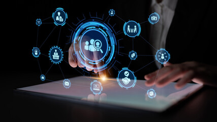 Obraz na płótnie Canvas Job search icons show recruitment, HR management, and employee career growth. Job search helps organizations hire talent, job search supports skills, and job search improves workforce. Entice