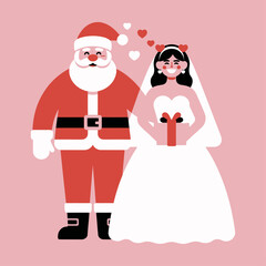Bride and groom with wedding rings on a white background with a merry Christmas illustration