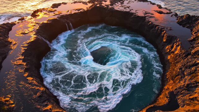 Ocean Water Swirls Down Thor's Well on the Oregon Coast at Sunset