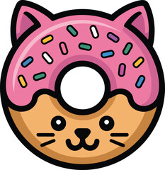 Cute kitten head shaped donut vector illustration featuring pink icing sprinkles and simple happy face