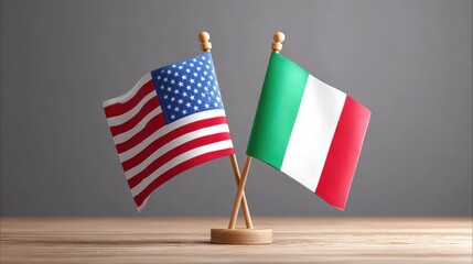 Two miniature flags, one of the USA and the other of Italy, are displayed on a wooden base, symbolizing friendship and international relations.