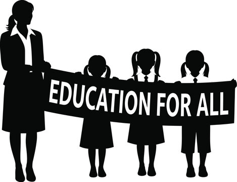 Silhouette of a teacher standing with schoolchildren holding a banner advocating for universal access to education and equal opportunity