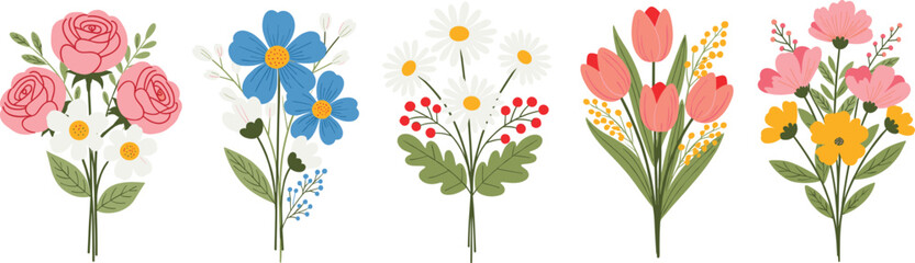 Cute Flower Bouquet Floral Arrangement Flat Vector Set