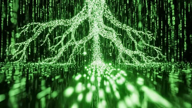 Binary Tree Growing in Digital Matrix With Green Code Background