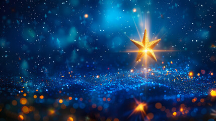 Christmas Star of Nativity of Bethlehem on background of starry sky. Star of Jesus with rays of light. Mockup for Christmas greeting card. Copy space.