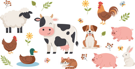 Cute Farm Animals Collection: Sheep, Cow, Pig, Chicken, Duck, Dog, and Cat Vector Set