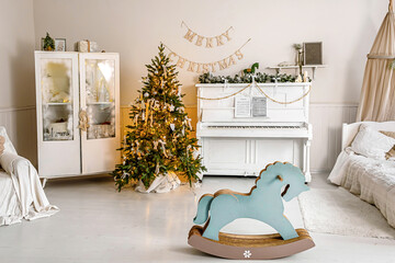 Cozy Christmas interior with a decorated tree, white piano, and wooden rocking horse.