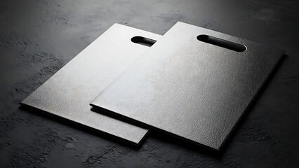 Two Stainless Steel Cutting Boards on a Dark Textured Surface.