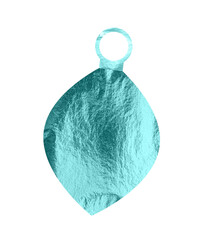 A Christmas bauble in turquoise foil is isolated on a white background. The ornament shows
