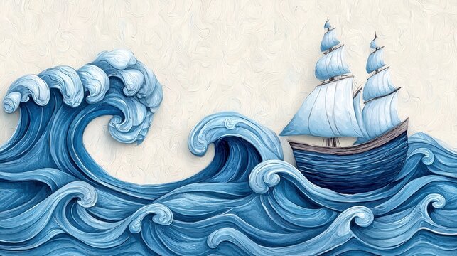Blue Textured Waves and Sailing Ship Bas Relief Artwork