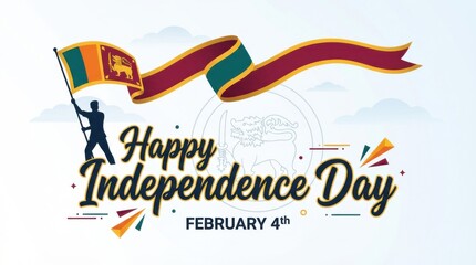 sri lanka flag for independence day on white background with waving ribbon flag and date