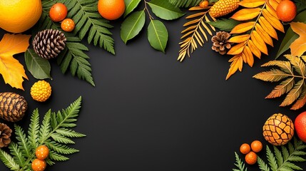 Autumnal Pixel Art Frame with Fall Leaves and Gourds on Dark Background