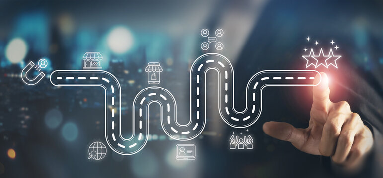Experiential marketing strategy, customer engagement. Hand guides customer journey path, illustrating attraction, engagement, purchase, interaction and satisfaction across seamless digital touchpoints