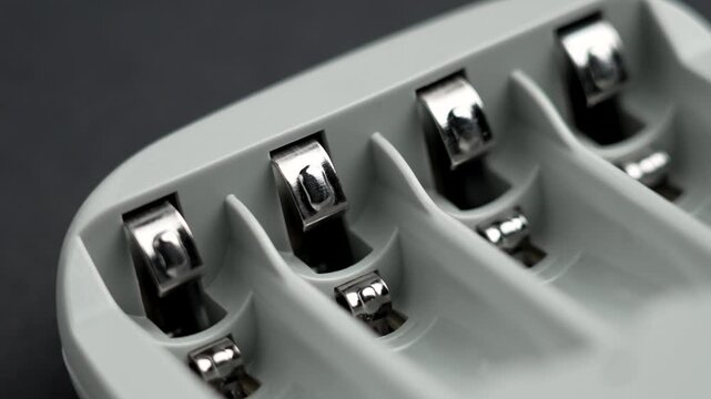 AAA batteries charger with exposed metallic terminals on black background. Rotation