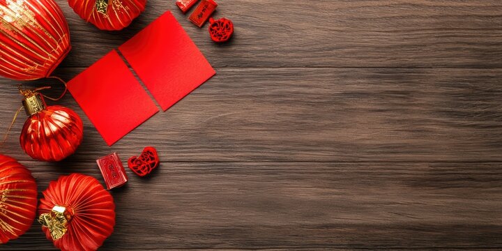 Festive red decorations with envelopes are arranged on a wooden surface, celebrating a joyful occasion, possibly a festival or holiday. - Powered by Adobe