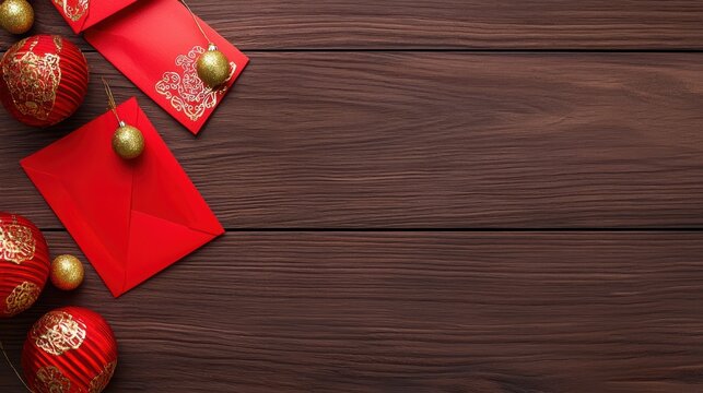 festive arrangement featuring red envelopes and ornaments on a wooden surface, evoking a holiday atmosphere. - Powered by Adobe