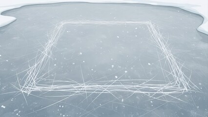 Ice rink with skate marks on a frozen lake, winter outdoor activity.