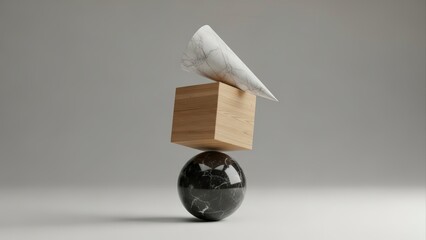Precarious Balance of Geometric Shapes - Sphere, Cube, and Cone Stacked.