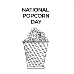 National Popcorn Day graphic with striped container and bold text in black and white vector illustration