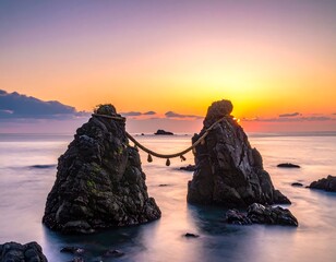 Two dark rocks in ocean at sunrise