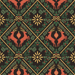 Świąteczny wzór z reniferami, botanicznymi elementami, jemiołą, ostrokrzewem i ornamentami - elegancka bezszwowa tekstura w stylu folkowym.  © Monika