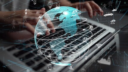 A close-up of hands typing on a laptop keyboard featuring a digital globe surrounded by technology icons, illustrating global connectivity and modern data exchange. Xenic