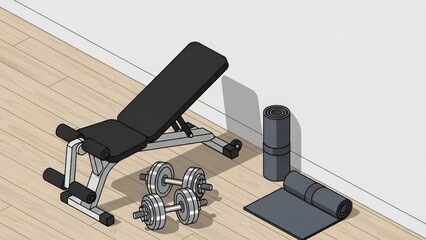 Home Gym Setup with Adjustable Bench, Dumbbells, and Yoga Mats.