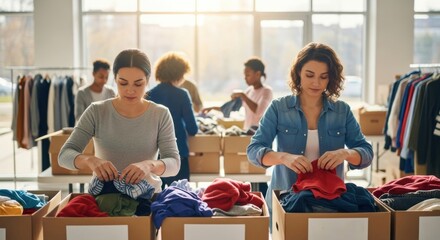 carefully arranged box of clothing donations for an charity drive