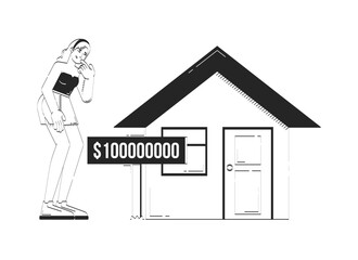 Real estate too expensive doodle line illustration concept. Housing affordability problem. Frustrated buyer about overpriced home 2D outline character isolated. Hand drawn ink metaphor monochrome