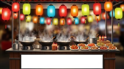 Vibrant Asian Street Food Stall with Steaming Pots and Colorful Lanterns at Night.