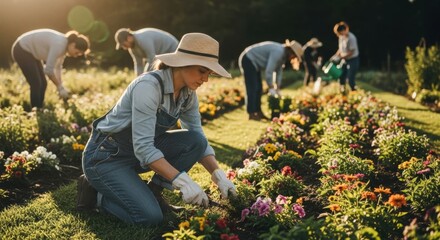 woman wearing gloves volunteers her time weeding a community garden full of flowers