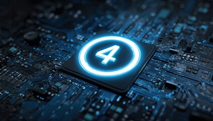 Glowing number 4 on a computer processor. Circuit board in a blue gradient, close up